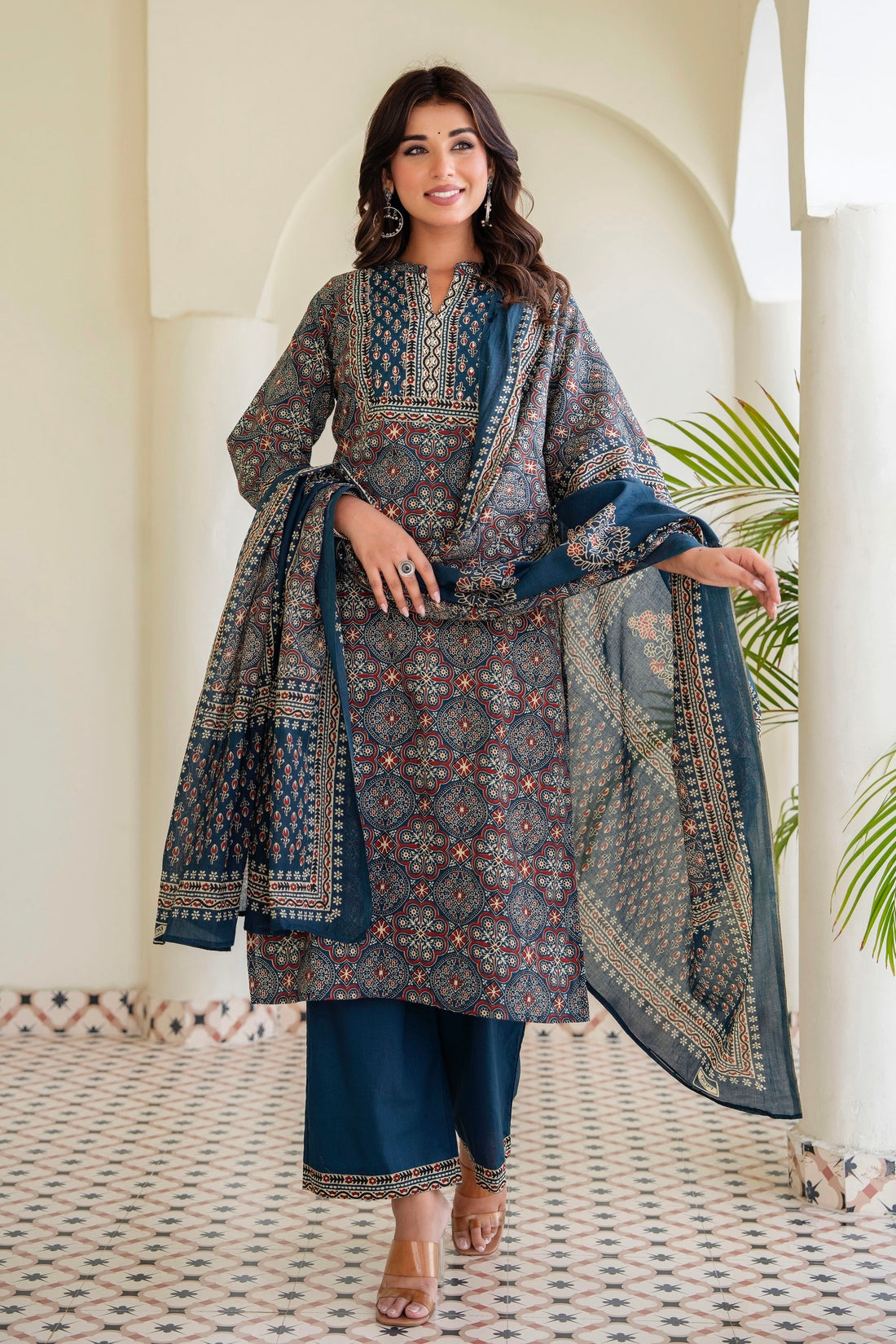Navy Blue Ajrakh Print Kurta Set with Palazzos and Dupatta