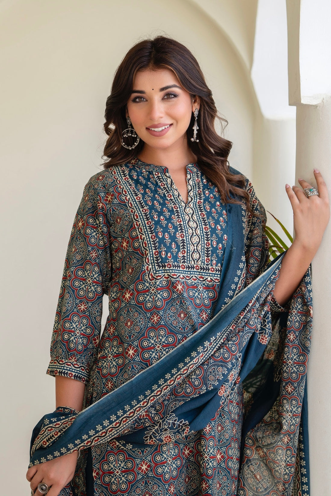 Navy Blue Ajrakh Print Kurta Set with Palazzos and Dupatta
