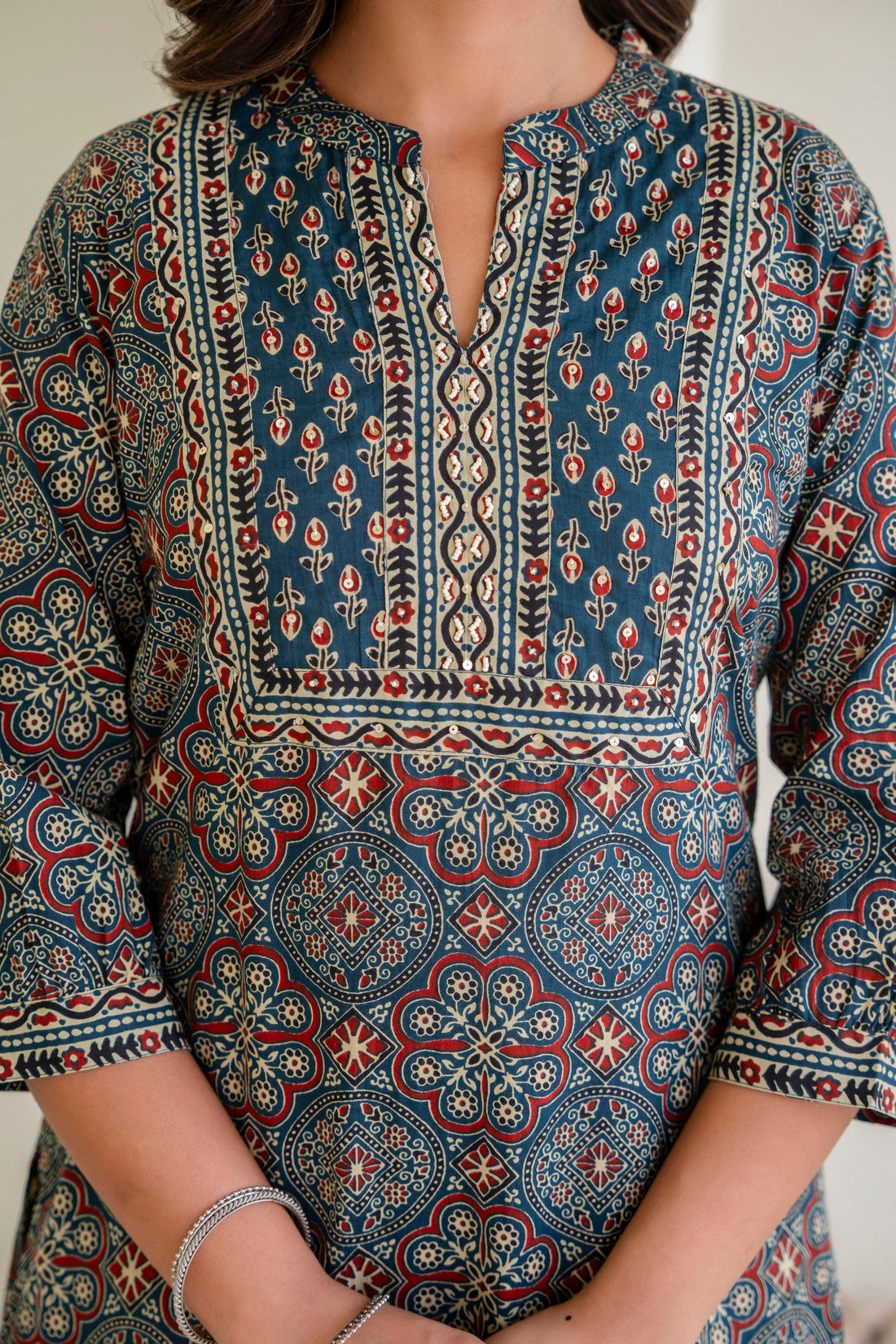 Navy Blue Ajrakh Print Kurta Set with Palazzos and Dupatta