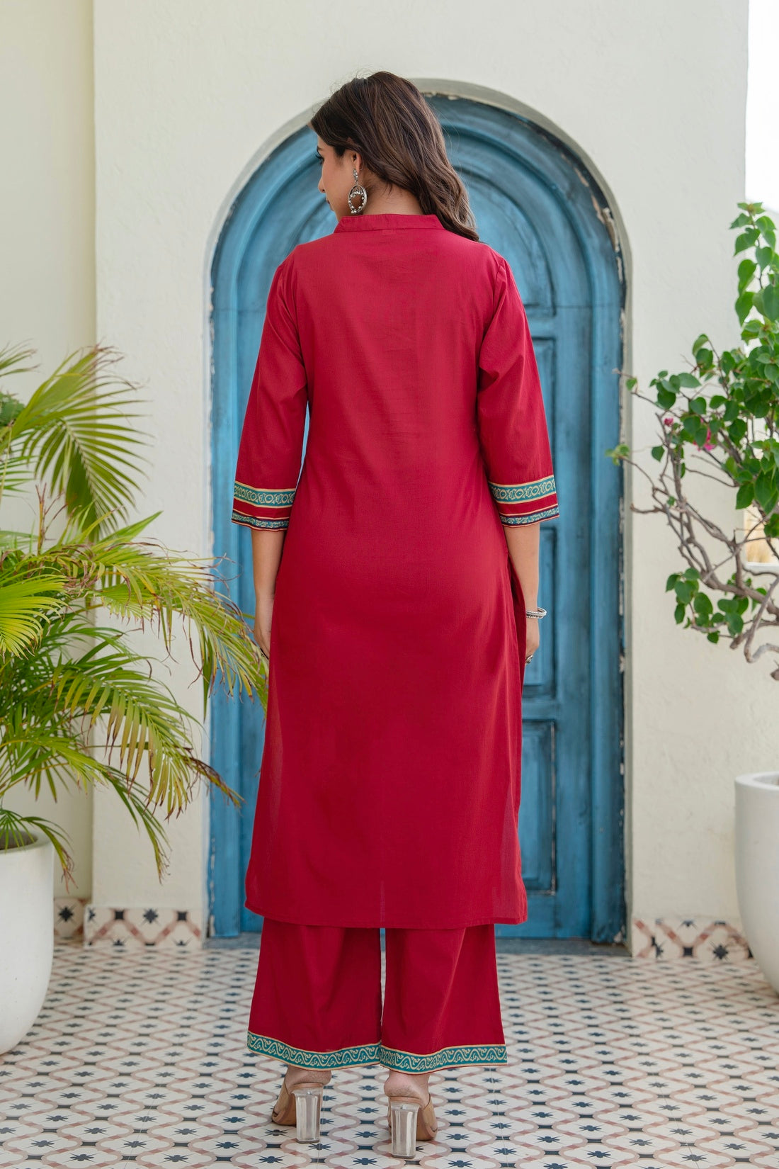Red Yoke Design Solid Kurta Set with Palazzos and Printed Dupatta