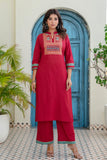 Red Yoke Design Solid Kurta Set with Palazzos and Printed Dupatta
