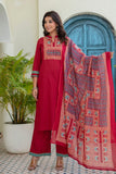 Red Yoke Design Solid Kurta Set with Palazzos and Printed Dupatta