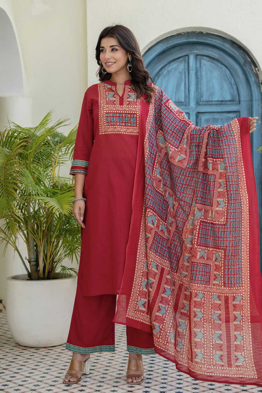 Red Yoke Design Solid Kurta Set with Palazzos and Printed Dupatta