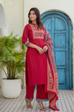 Red Yoke Design Solid Kurta Set with Palazzos and Printed Dupatta
