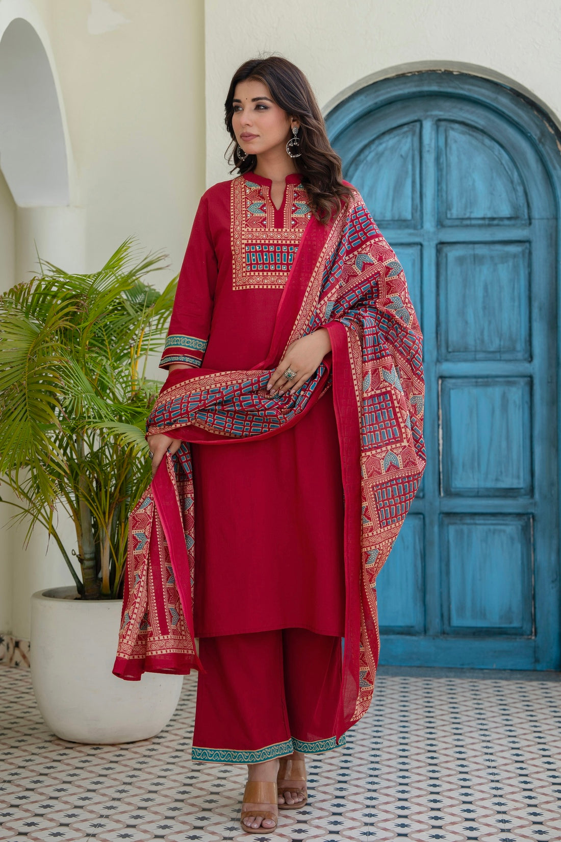 Red Yoke Design Solid Kurta Set with Palazzos and Printed Dupatta