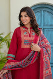Red Yoke Design Solid Kurta Set with Palazzos and Printed Dupatta
