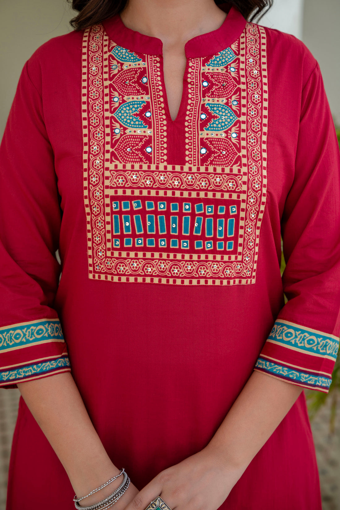 Red Yoke Design Solid Kurta Set with Palazzos and Printed Dupatta