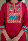 Red Yoke Design Solid Kurta Set with Palazzos and Printed Dupatta