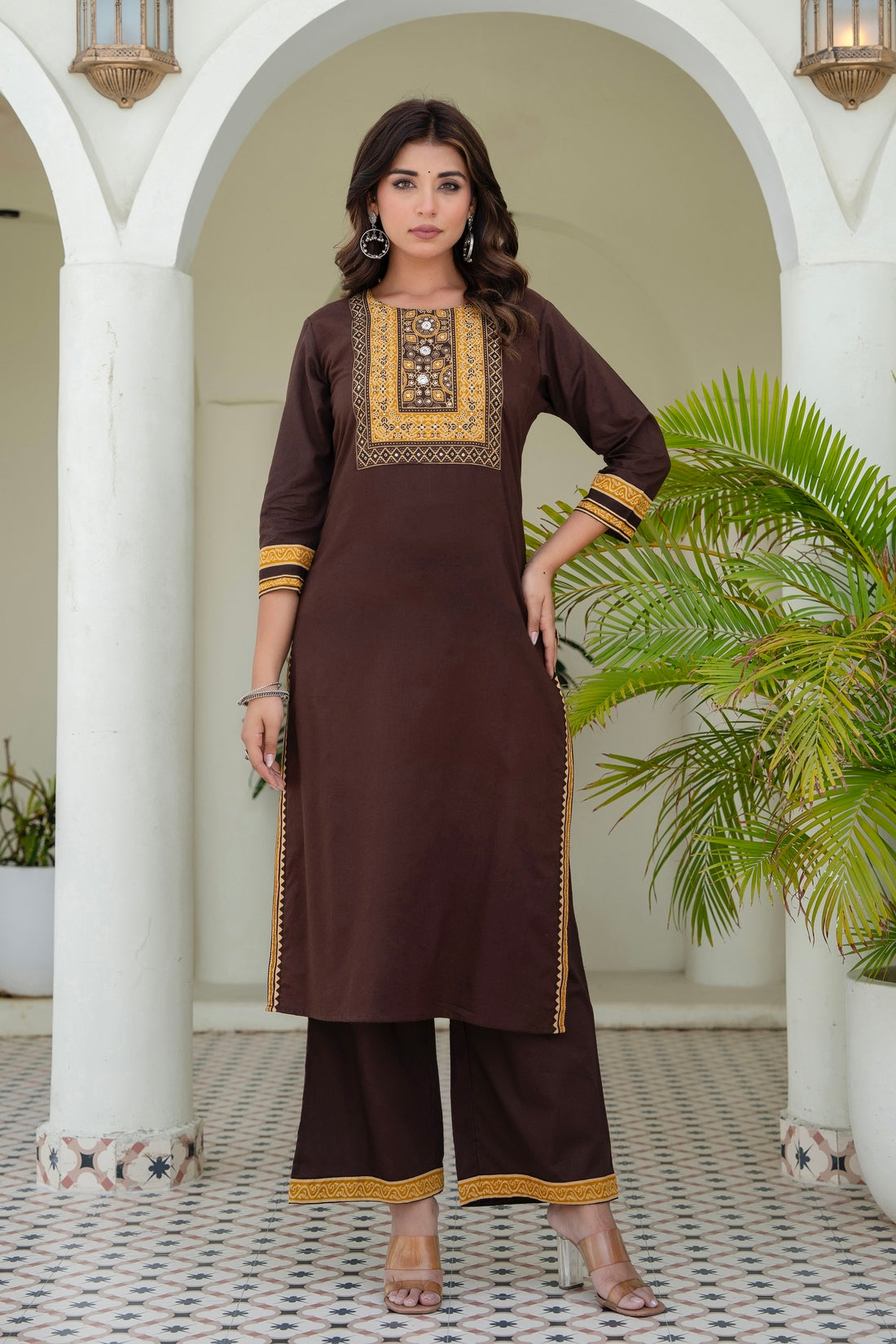 Brown Yoke Design Solid Kurta Set with Palazzos and Printed Dupatta