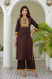 Brown Yoke Design Solid Kurta Set with Palazzos and Printed Dupatta