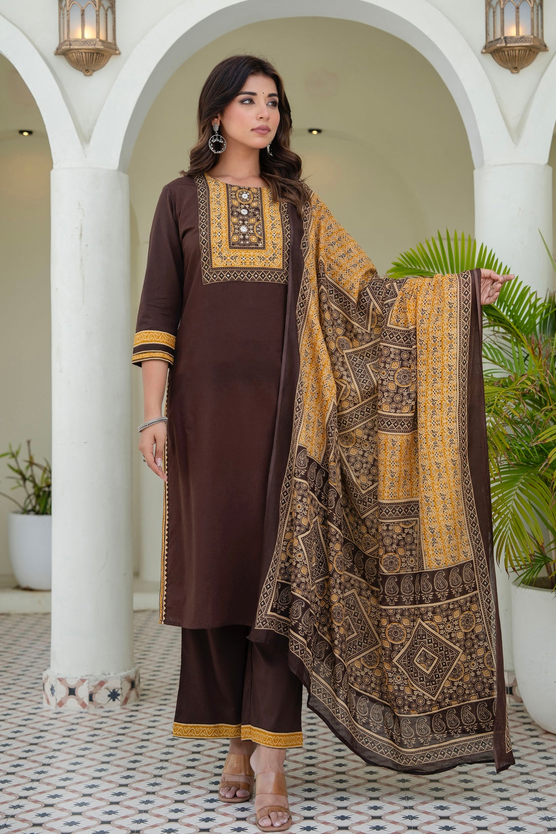 Brown Yoke Design Solid Kurta Set with Palazzos and Printed Dupatta
