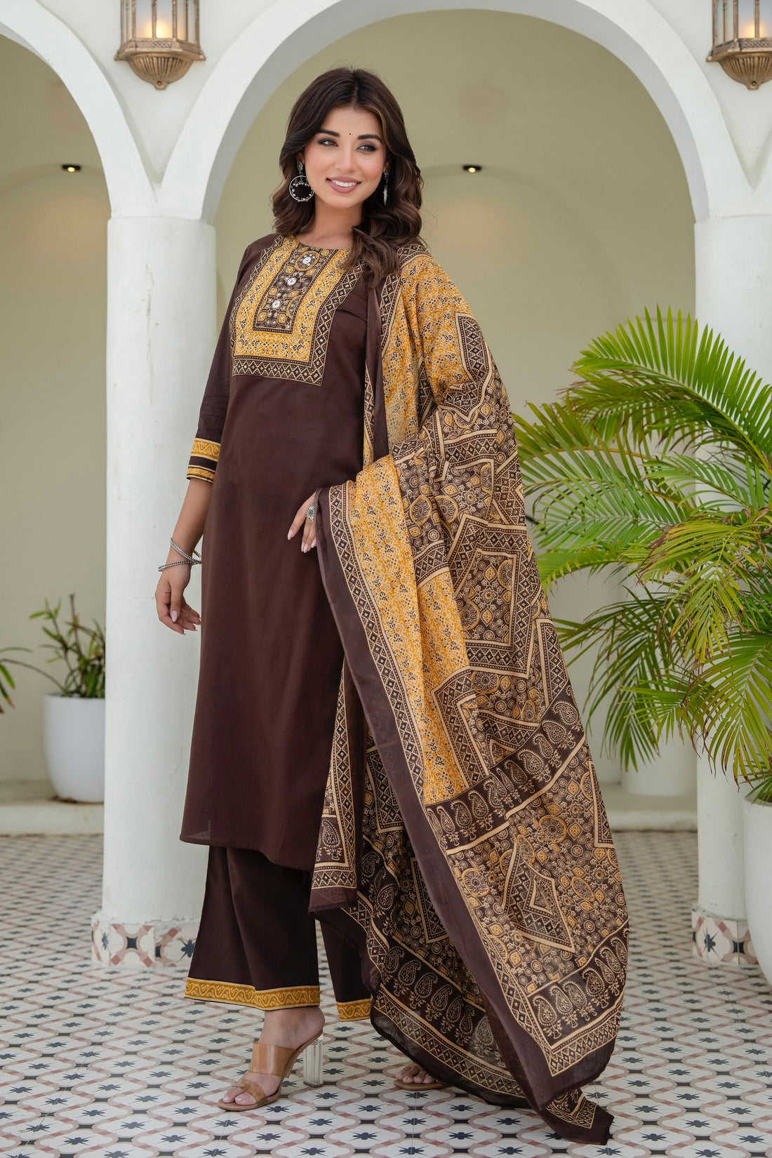 Brown Yoke Design Solid Kurta Set with Palazzos and Printed Dupatta