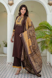 Brown Yoke Design Solid Kurta Set with Palazzos and Printed Dupatta