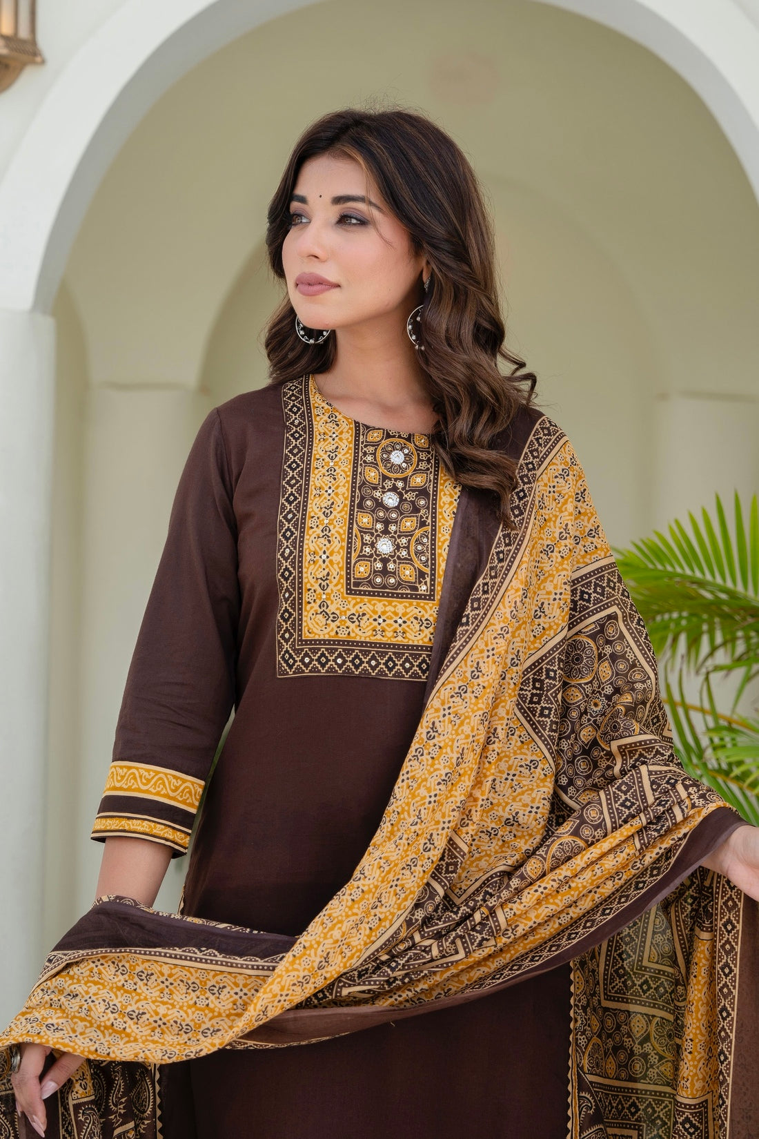 Brown Yoke Design Solid Kurta Set with Palazzos and Printed Dupatta