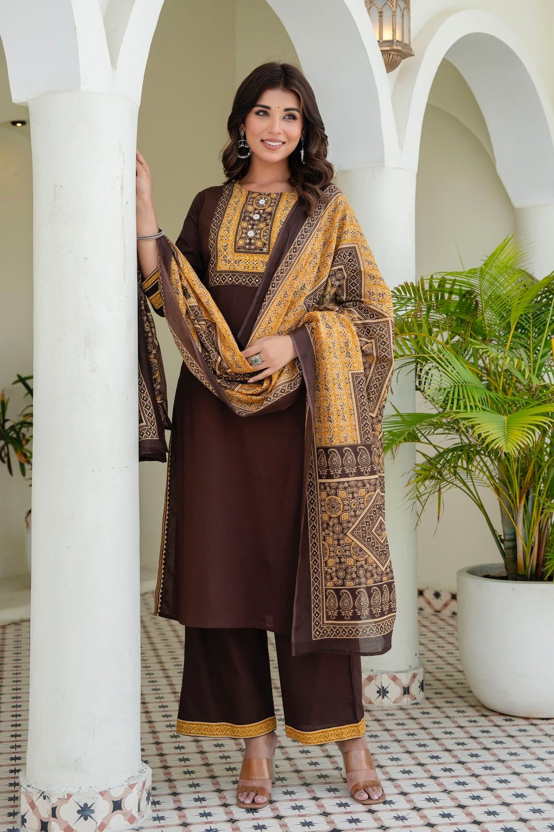 Brown Yoke Design Solid Kurta Set with Palazzos and Printed Dupatta