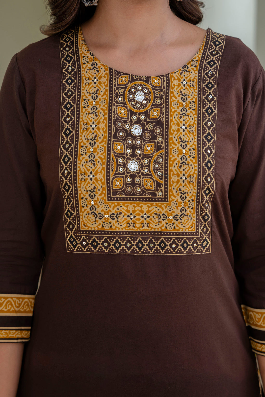Brown Yoke Design Solid Kurta Set with Palazzos and Printed Dupatta