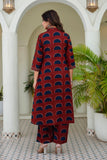 Maroon Pintucks Detail Front Slit Suit Set with Palazzos and Dupatta