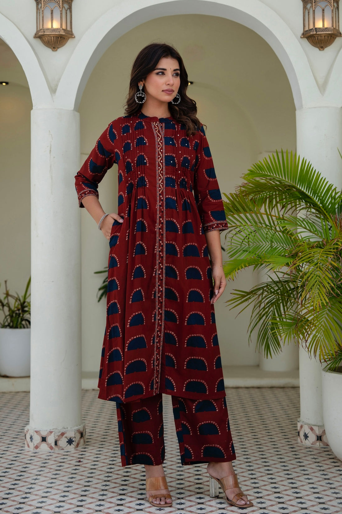 Maroon Pintucks Detail Front Slit Suit Set with Palazzos and Dupatta