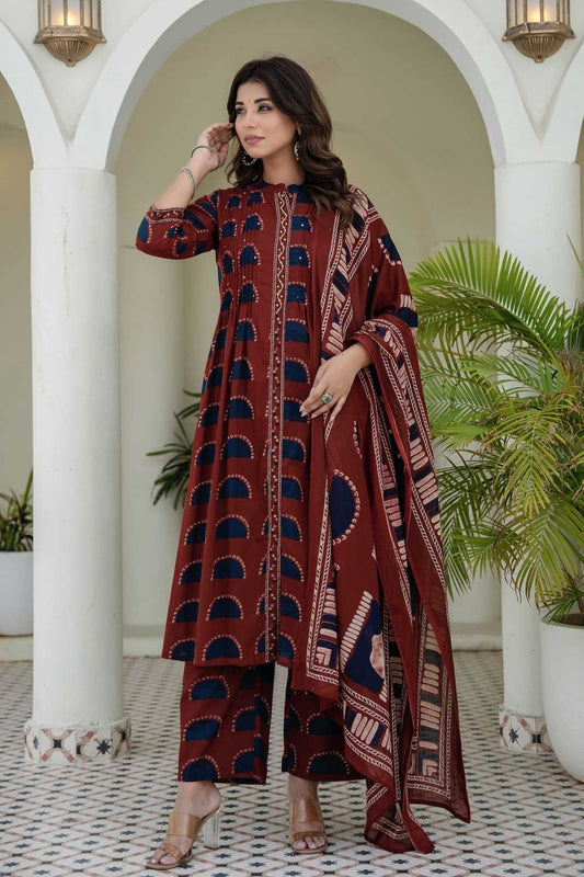 Maroon Pintucks Detail Front Slit Suit Set with Palazzos and Dupatta
