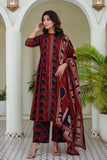 Maroon Pintucks Detail Front Slit Suit Set with Palazzos and Dupatta