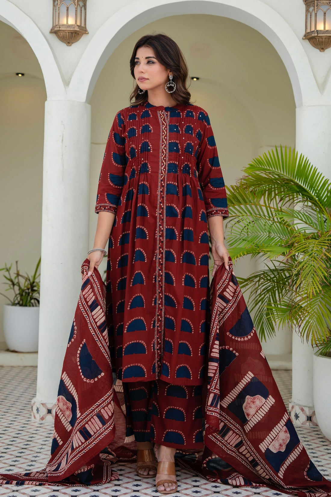 Maroon Pintucks Detail Front Slit Suit Set with Palazzos and Dupatta
