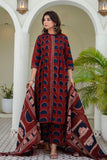 Maroon Pintucks Detail Front Slit Suit Set with Palazzos and Dupatta
