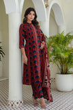 Maroon Pintucks Detail Front Slit Suit Set with Palazzos and Dupatta