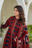 Maroon Pintucks Detail Front Slit Suit Set with Palazzos and Dupatta