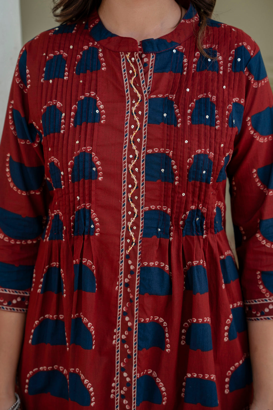 Maroon Pintucks Detail Front Slit Suit Set with Palazzos and Dupatta