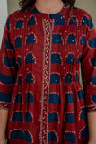 Maroon Pintucks Detail Front Slit Suit Set with Palazzos and Dupatta