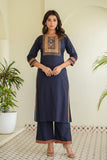 Blue Yoke Design Solid Kurta Set with Palazzos and Printed Dupatta
