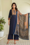 Blue Yoke Design Solid Kurta Set with Palazzos and Printed Dupatta