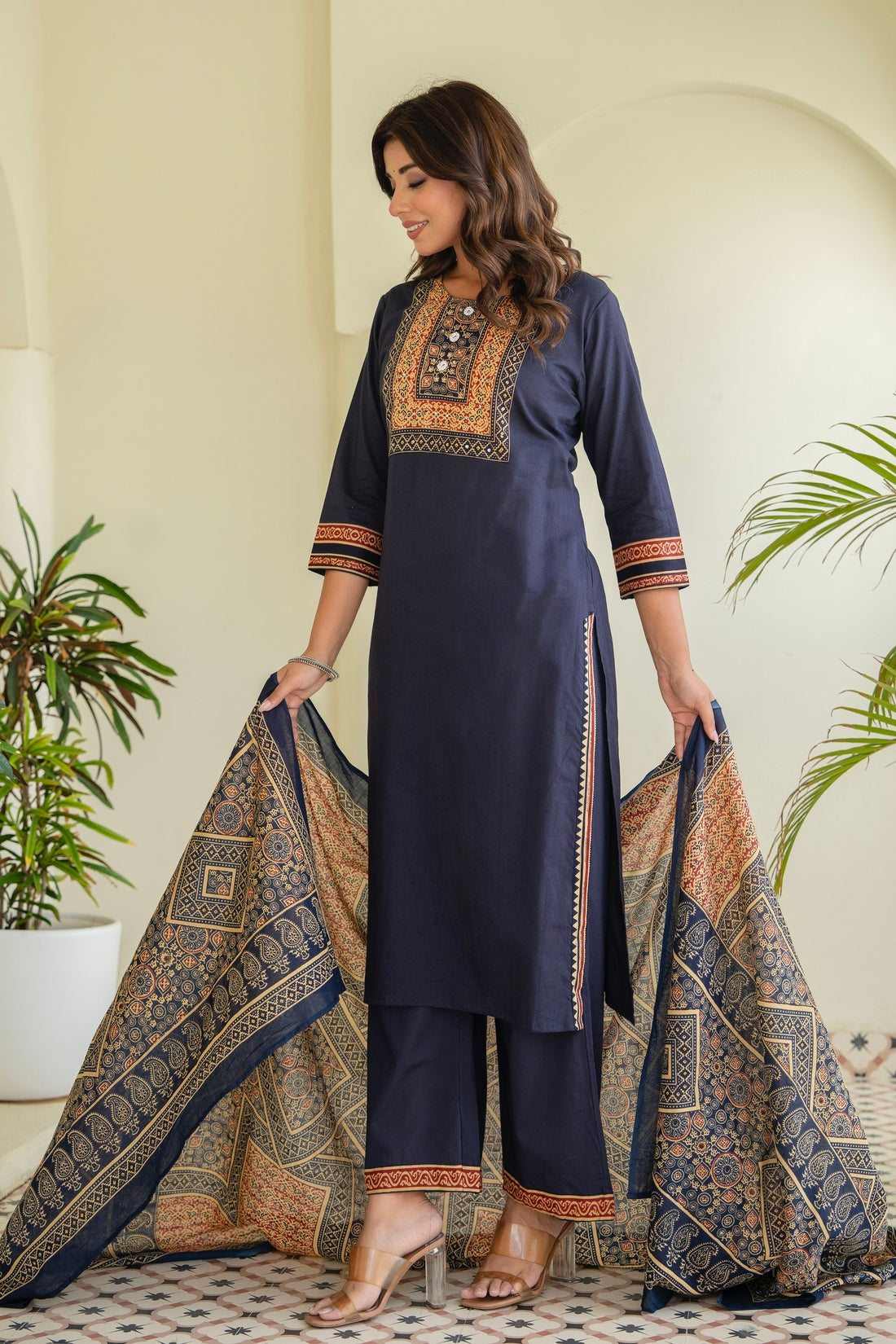Blue Yoke Design Solid Kurta Set with Palazzos and Printed Dupatta