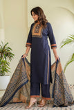Blue Yoke Design Solid Kurta Set with Palazzos and Printed Dupatta