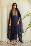 Blue Yoke Design Solid Kurta Set with Palazzos and Printed Dupatta