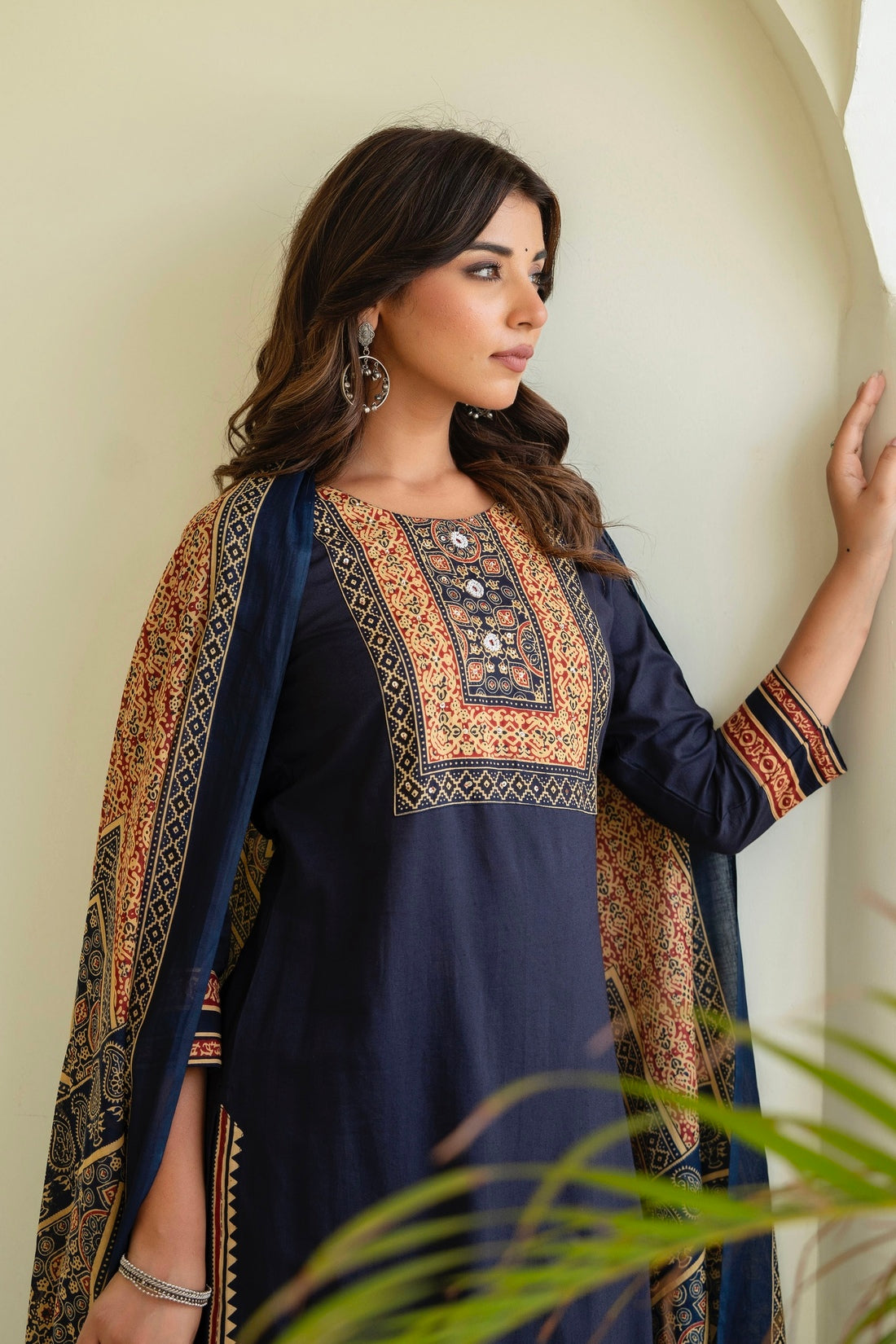 Blue Yoke Design Solid Kurta Set with Palazzos and Printed Dupatta