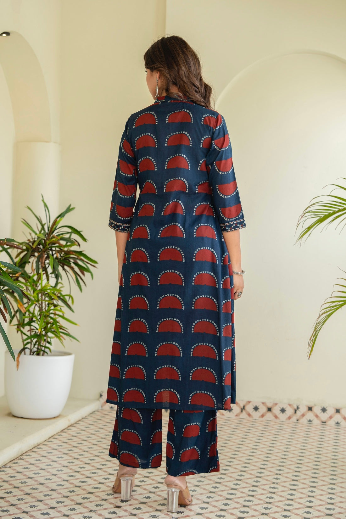 Navy Pintucks Detail Front Slit Suit Set with Palazzos and Dupatta
