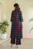 Navy Pintucks Detail Front Slit Suit Set with Palazzos and Dupatta