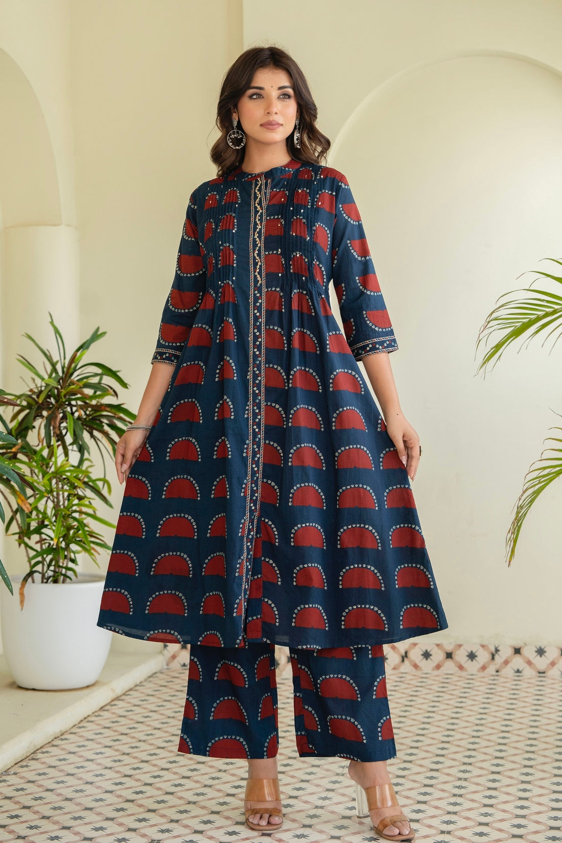 Navy Pintucks Detail Front Slit Suit Set with Palazzos and Dupatta
