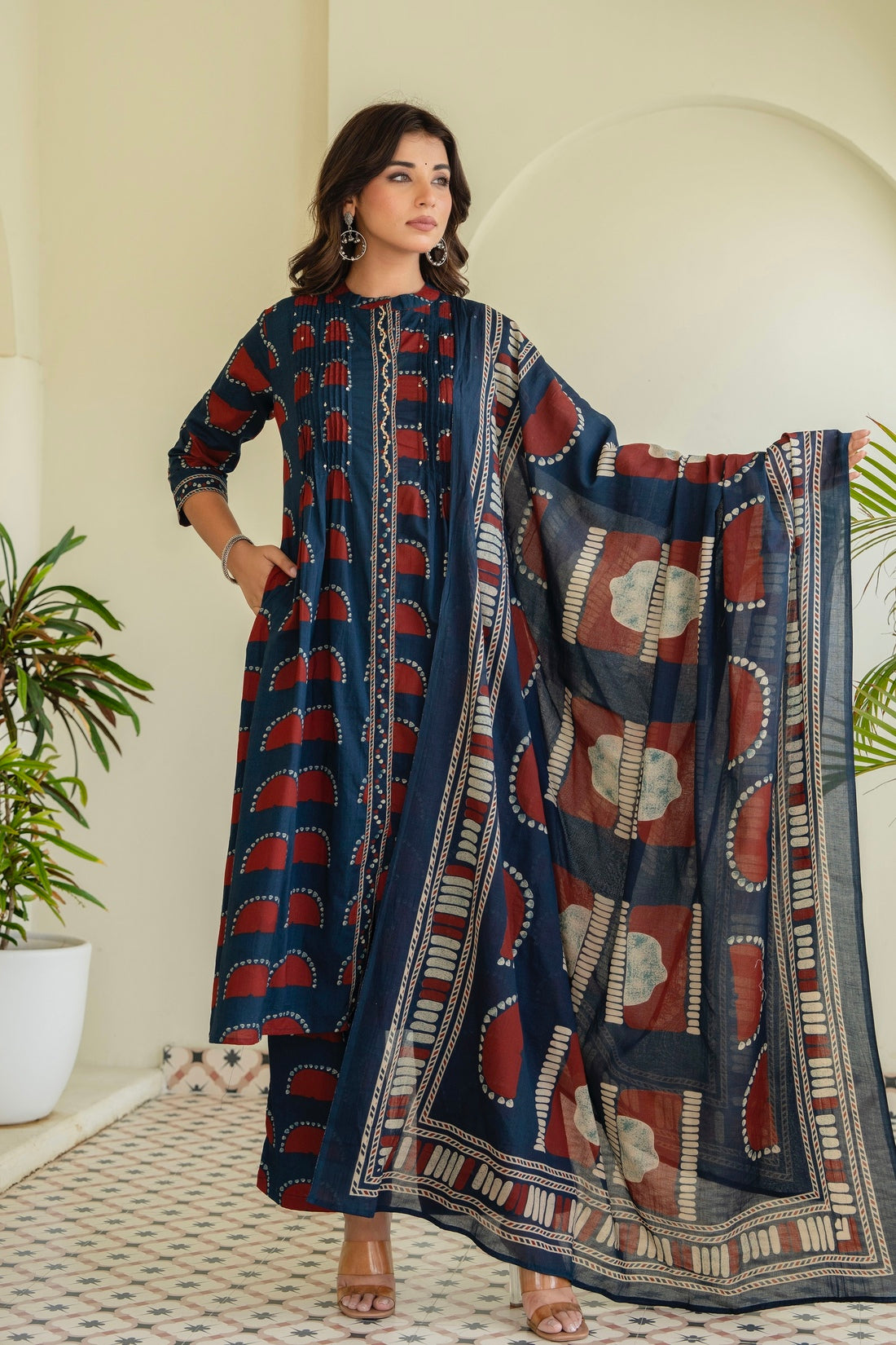 Navy Pintucks Detail Front Slit Suit Set with Palazzos and Dupatta