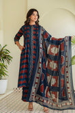 Navy Pintucks Detail Front Slit Suit Set with Palazzos and Dupatta