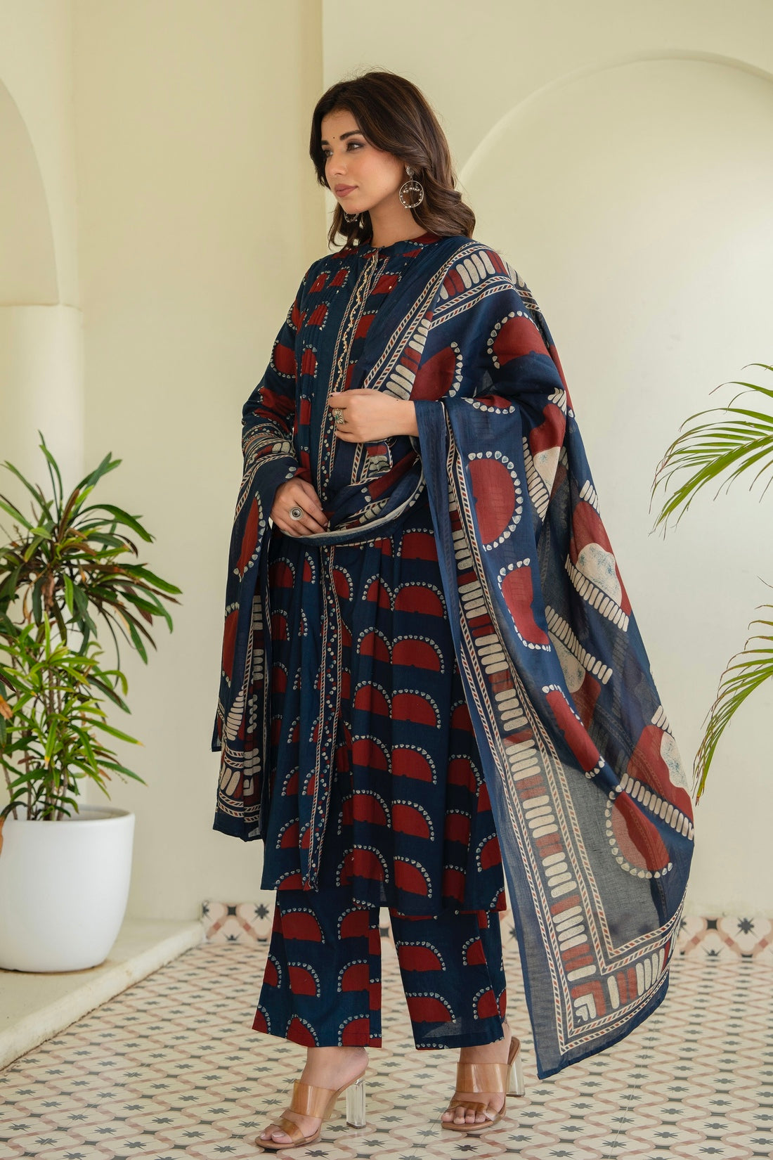 Navy Pintucks Detail Front Slit Suit Set with Palazzos and Dupatta