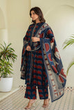 Navy Pintucks Detail Front Slit Suit Set with Palazzos and Dupatta