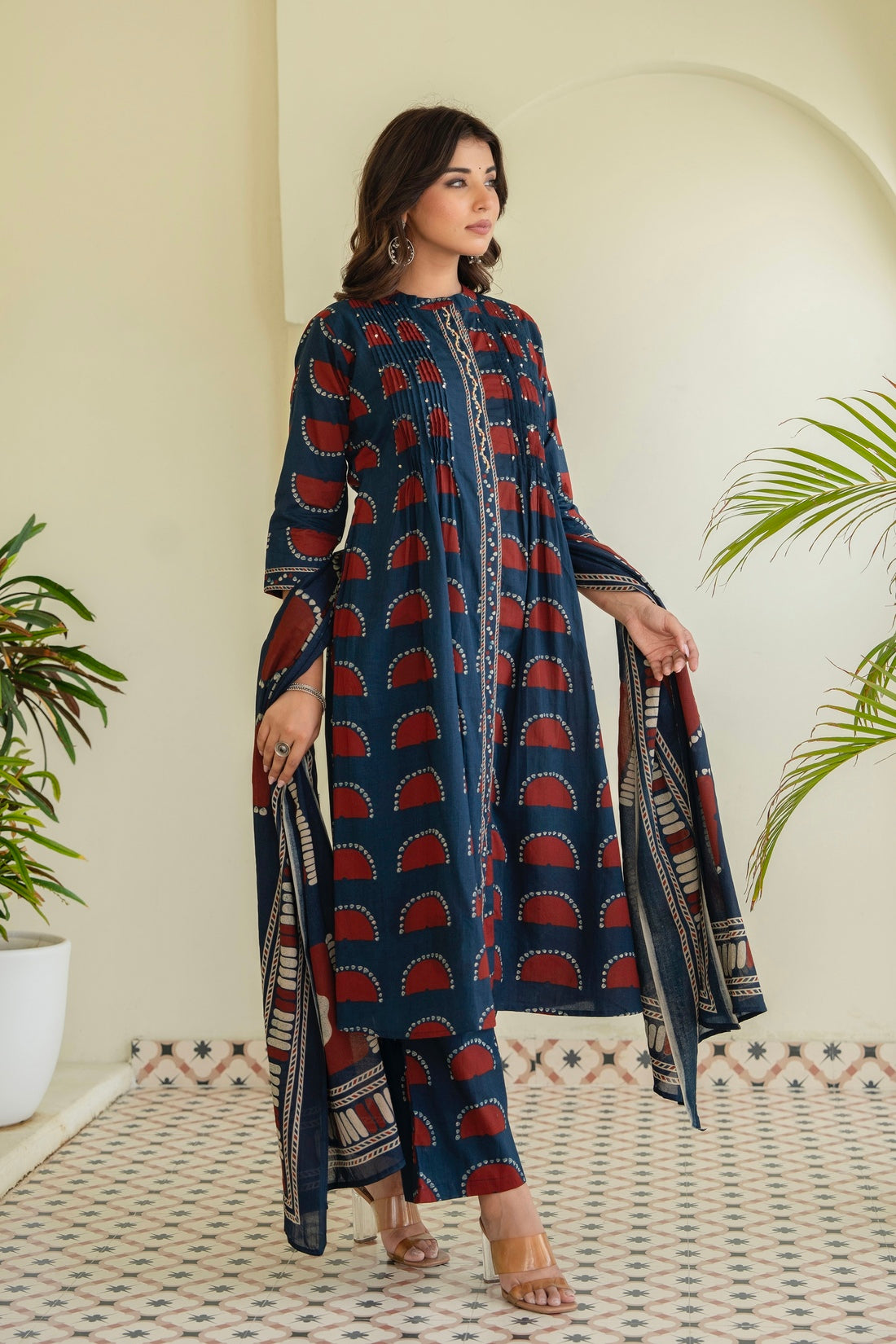 Navy Pintucks Detail Front Slit Suit Set with Palazzos and Dupatta