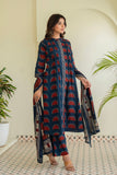Navy Pintucks Detail Front Slit Suit Set with Palazzos and Dupatta
