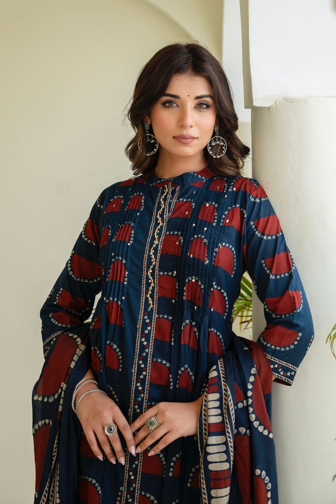 Navy Pintucks Detail Front Slit Suit Set with Palazzos and Dupatta