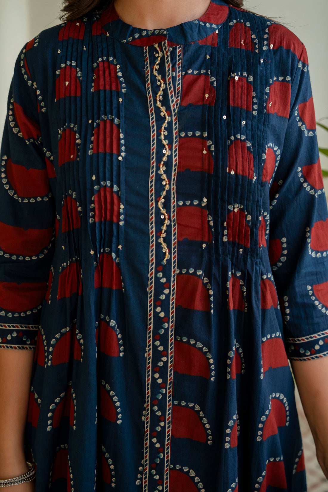 Navy Pintucks Detail Front Slit Suit Set with Palazzos and Dupatta