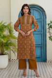 Mustard Ajrakh Print Kurta Set with Palazzos and Dupatta