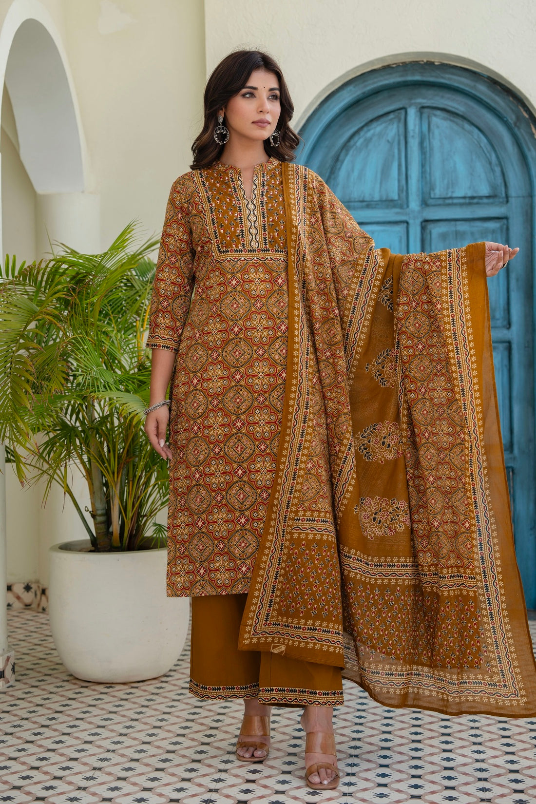 Mustard Ajrakh Print Kurta Set with Palazzos and Dupatta