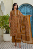 Mustard Ajrakh Print Kurta Set with Palazzos and Dupatta
